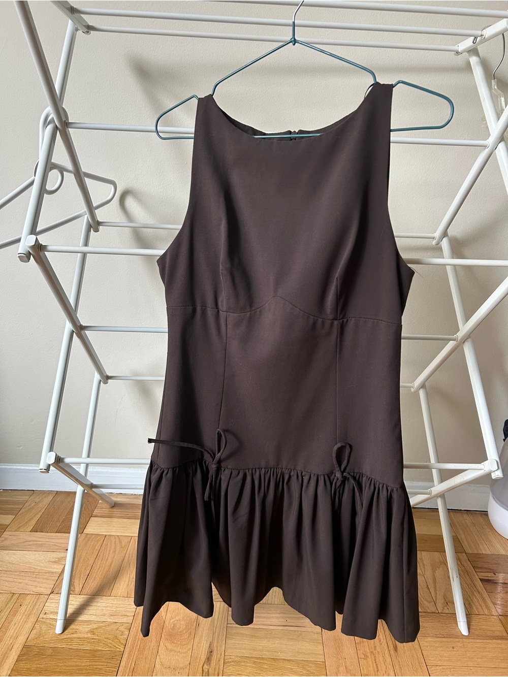 Zara Dark Brown Sleeveless Ruffle-Hem Mini Dress